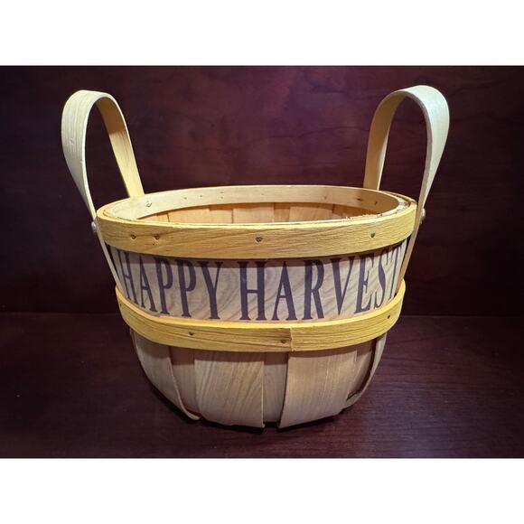 Wooden Happy Harvest Basket Fall Decoration 6" Tall 6.5" Diameter - Picture 1 of 10